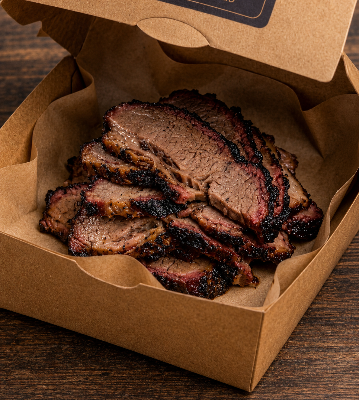 Sliced smoked brisket in a kraft takeaway box